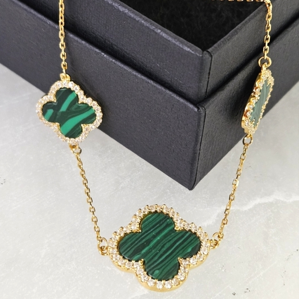 Rachel Zoe 3 Clover Alhambra Bracelet in GP Sterling Silver and Malachite NWT - Picture 2 of 8